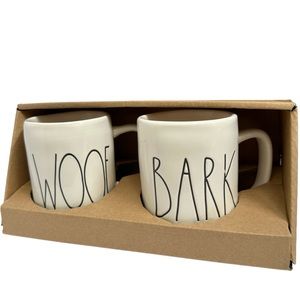 Rae Dunn BARK WOOF Coffee Tea Mug Set of 2 White Black Large Letters NWT 2017 OG